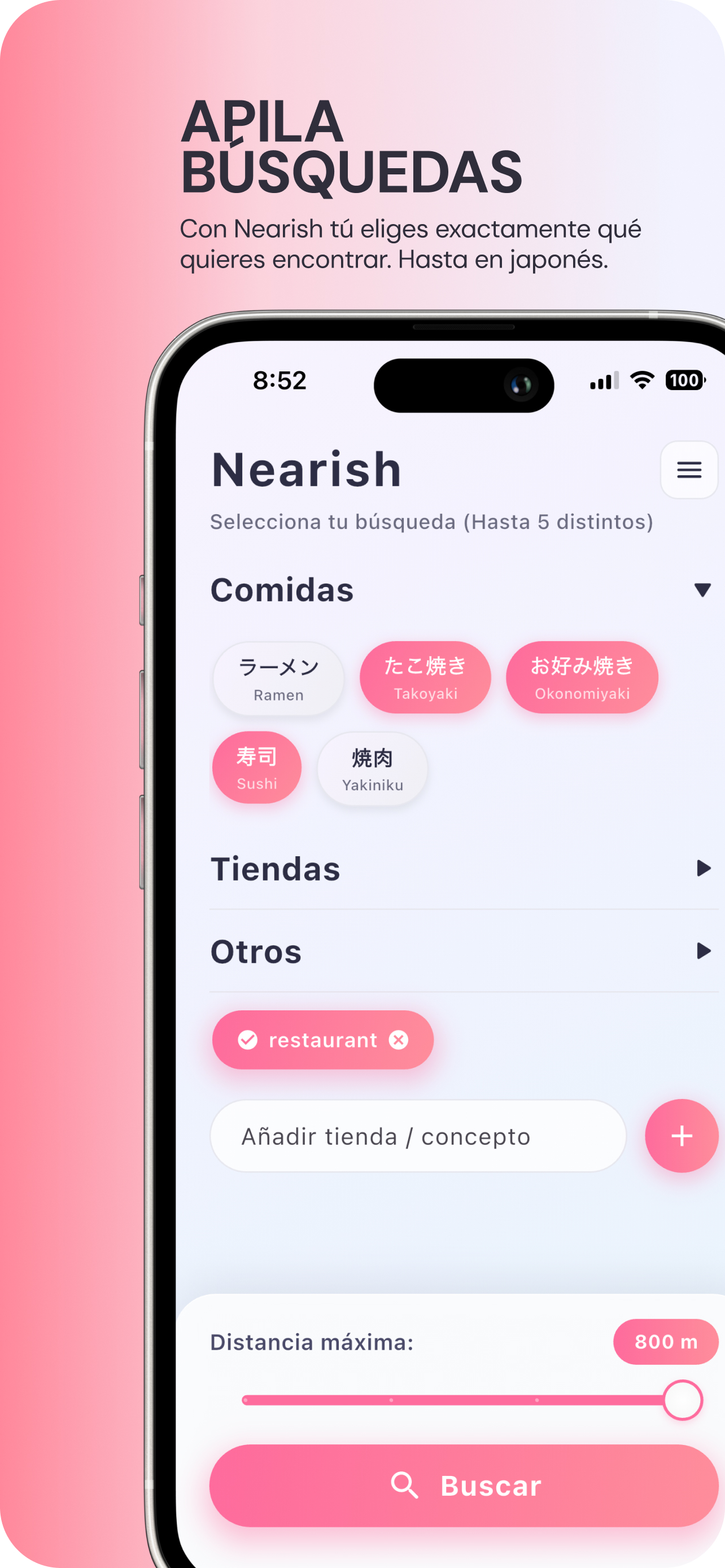 Nearish app — category selector
